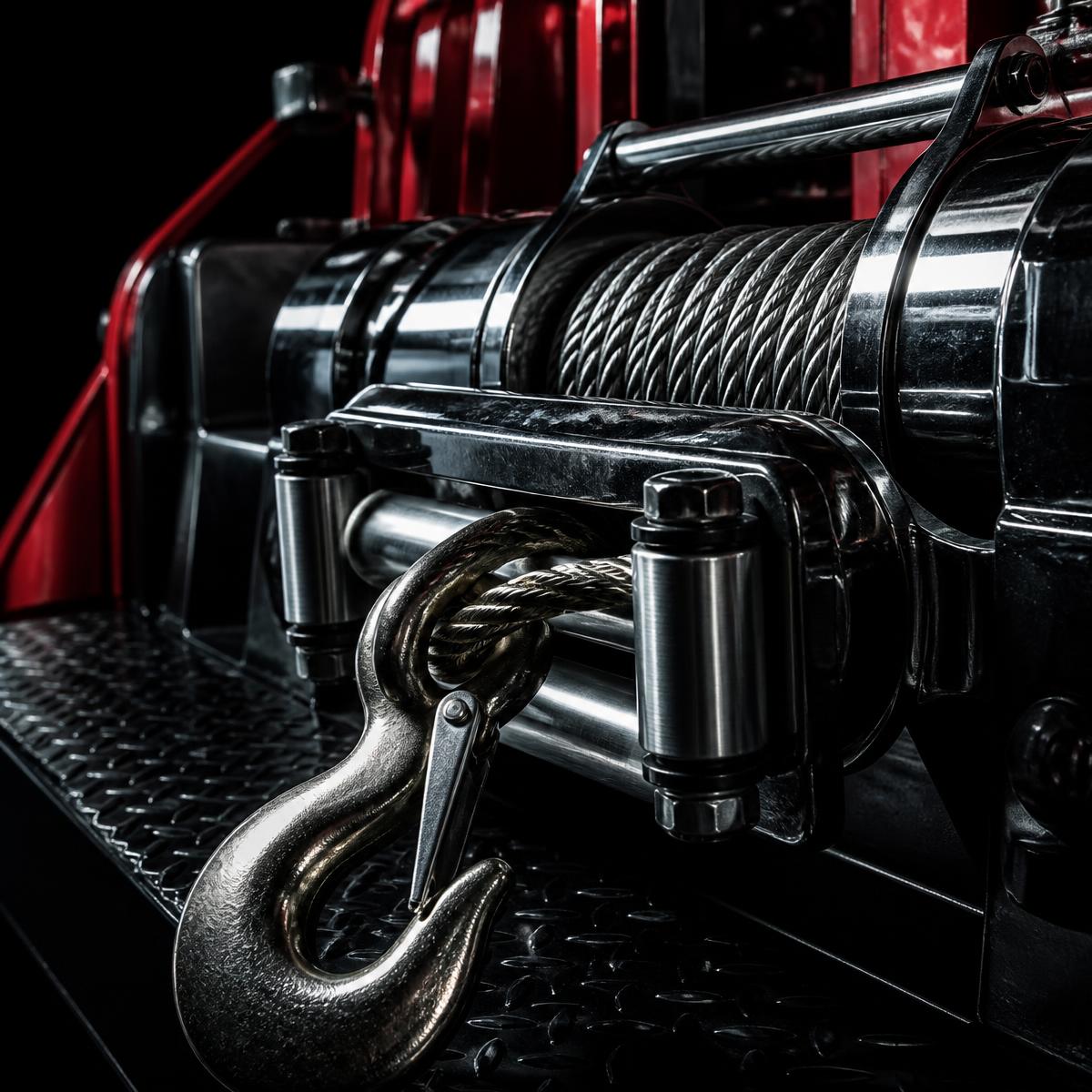 Close-up of a heavy-duty tow truck winch and hook, representing EZ Towing's professional equipment