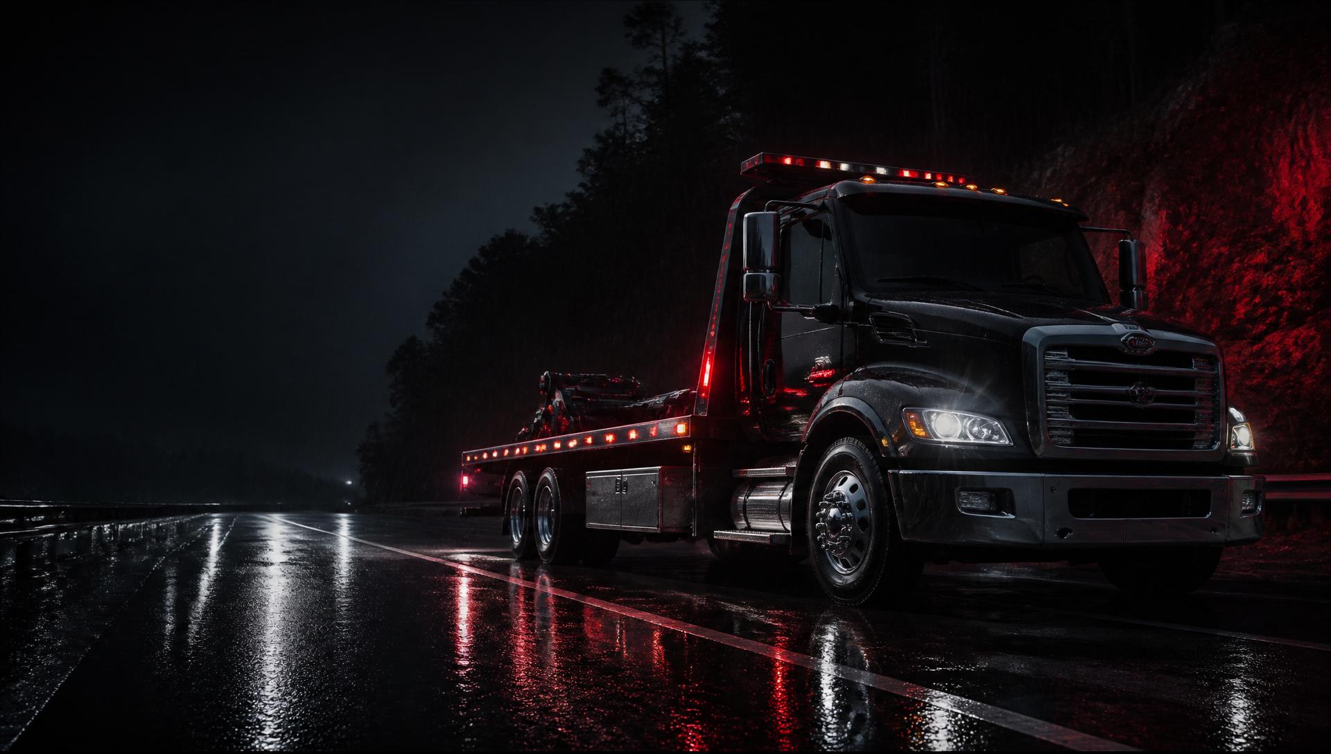 Black flatbed tow truck on a rain-soaked highway at night